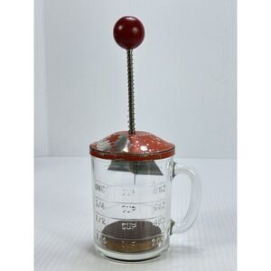 Hazel Atlas Nut Chopper One Cup Glass Measure Red Metal Lid Wood Handle Insert